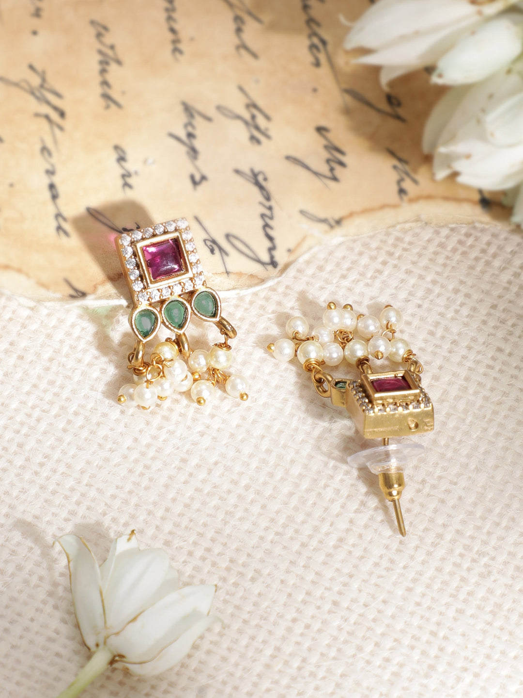 Gold-Plated CZ-Studded Pearl-Beaded Jewellery Set