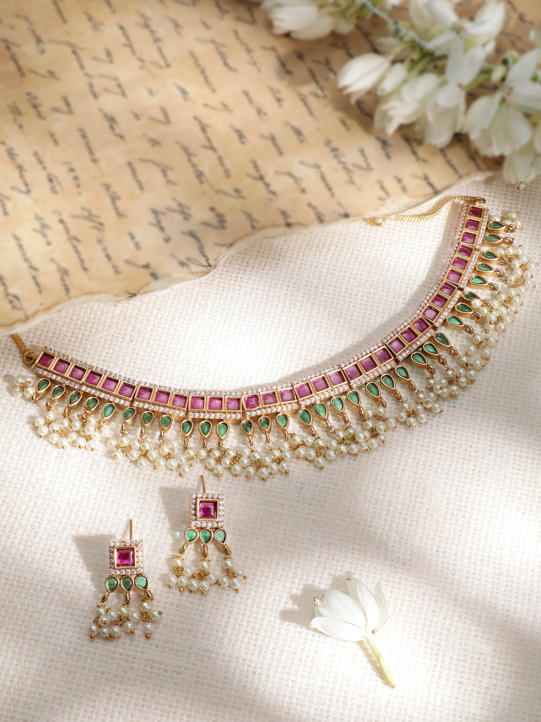 Gold-Plated CZ-Studded Pearl-Beaded Jewellery Set