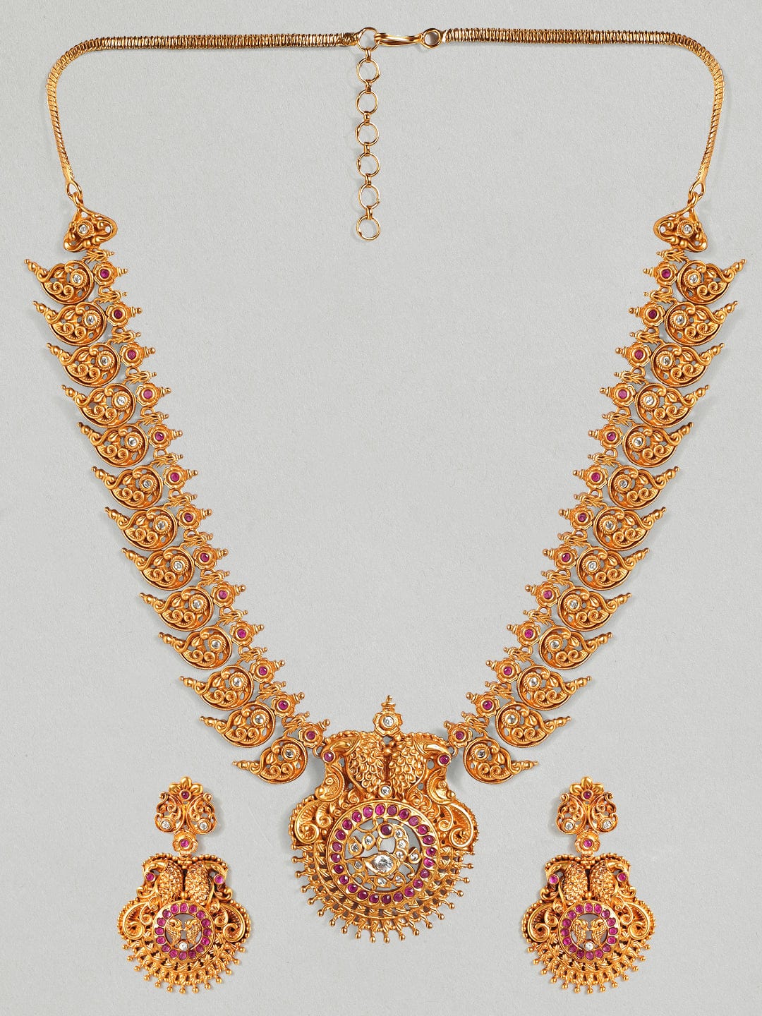 Gold Plated Handcrafted Faux Ruby & Filigree Traditional Necklace Set