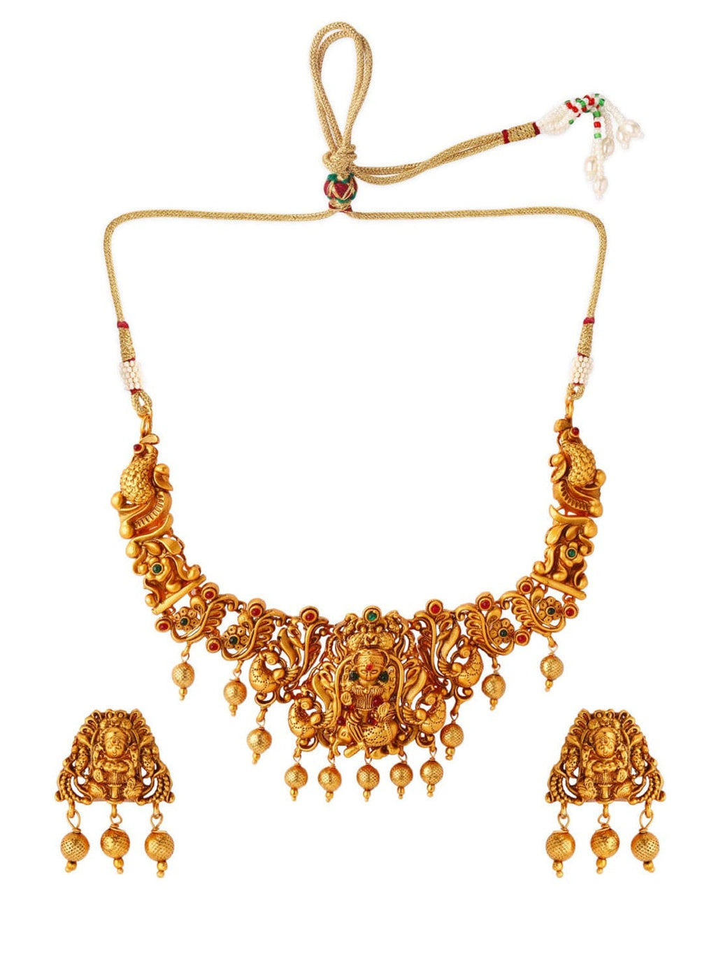 gold Plated Handcrafted Faux Ruby Filigree Traditional Temple Necklace Set