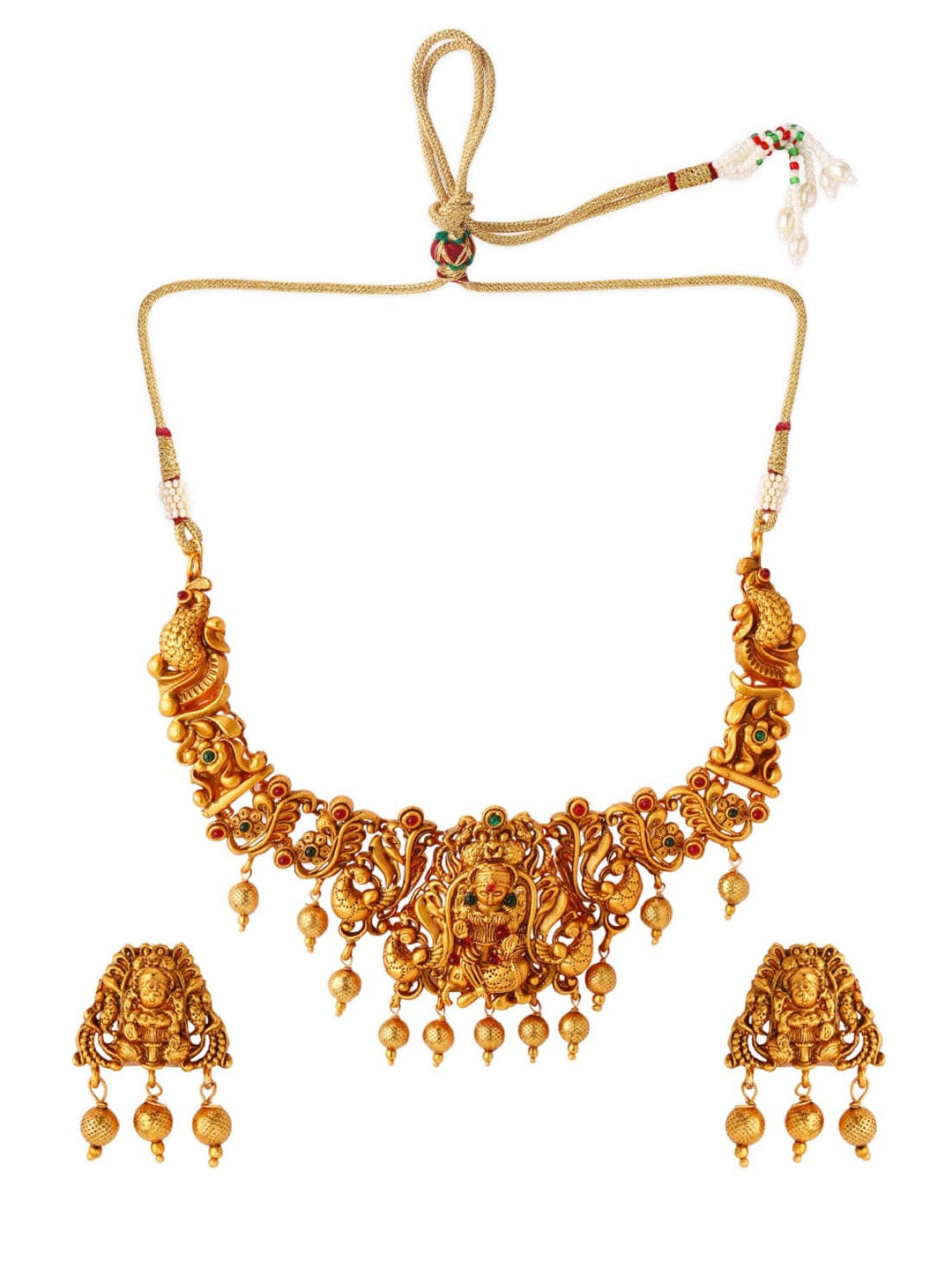 gold Plated Handcrafted Faux Ruby Filigree Traditional Temple Necklace Set