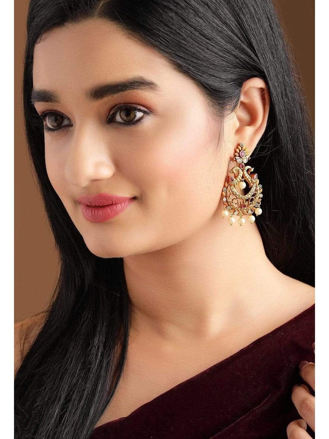 Gold Plated Handcrafted Faux Ruby Stone with Pearls Peacock Chandbali Earrings
