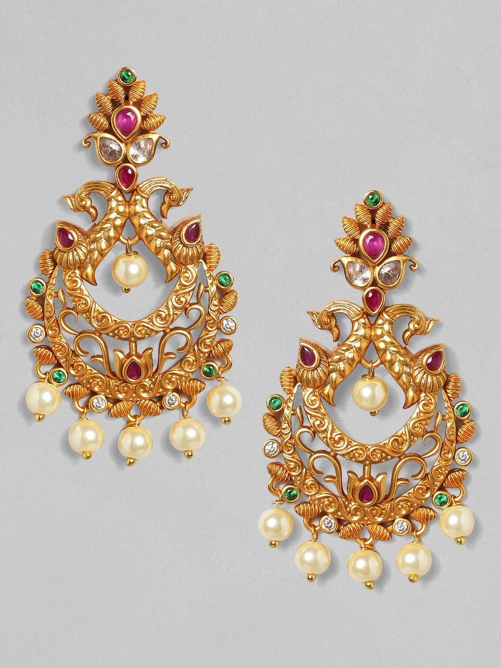Gold Plated Handcrafted Faux Ruby Stone with Pearls Peacock Chandbali Earrings