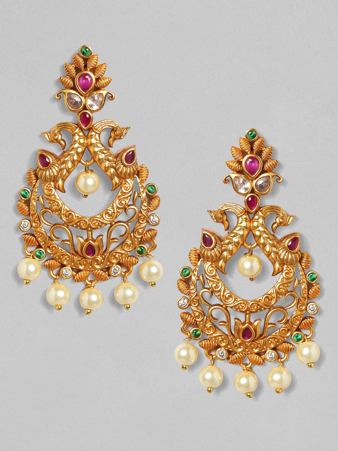 Gold Plated Handcrafted Faux Ruby Stone with Pearls Peacock Chandbali Earrings