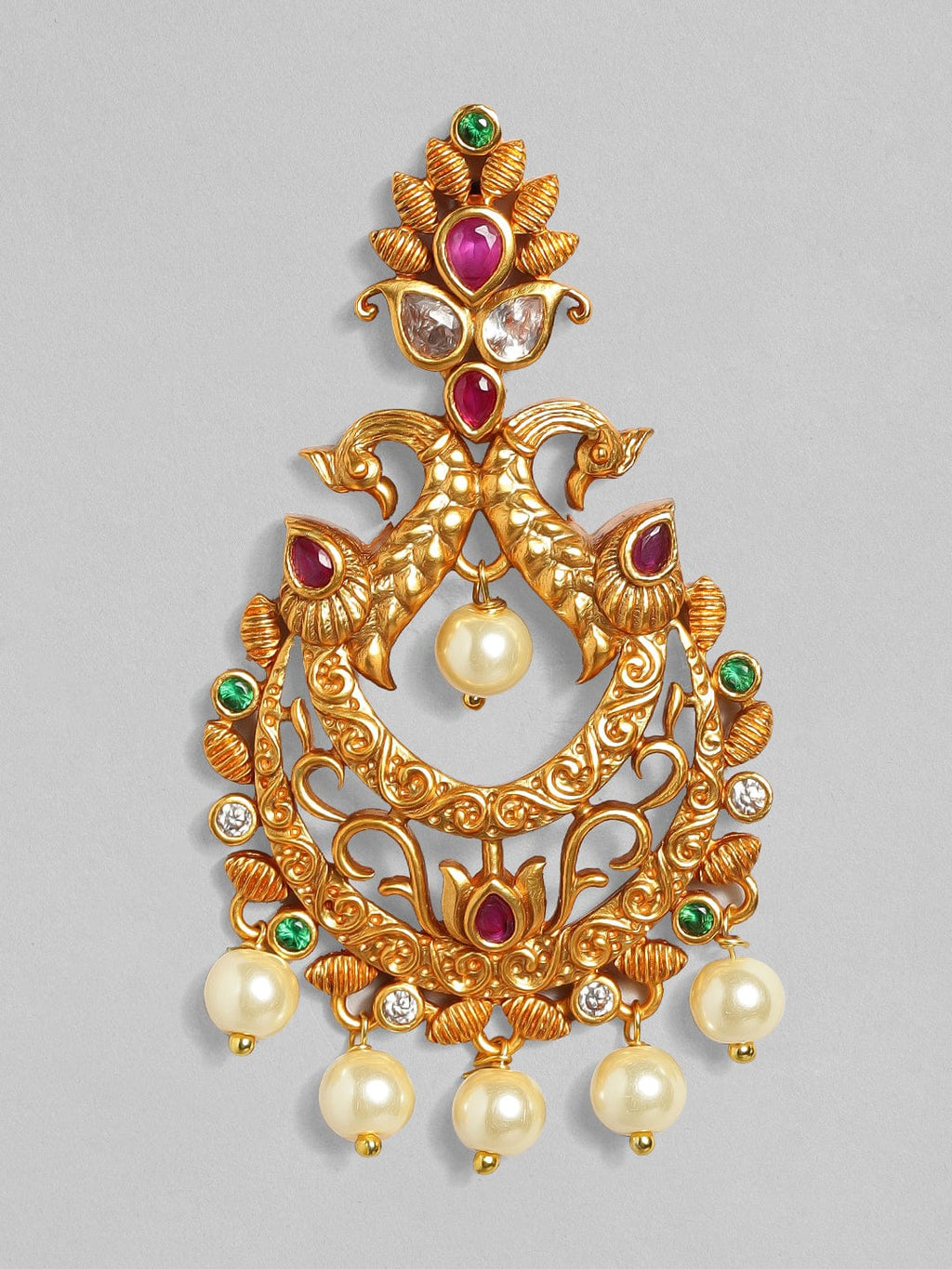 Gold Plated Handcrafted Faux Ruby Stone with Pearls Peacock Chandbali Earrings