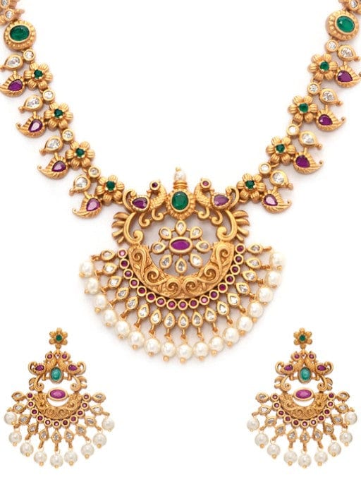 Gold-Plated Handcrafted Faux Ruby Temple Jewellery Set