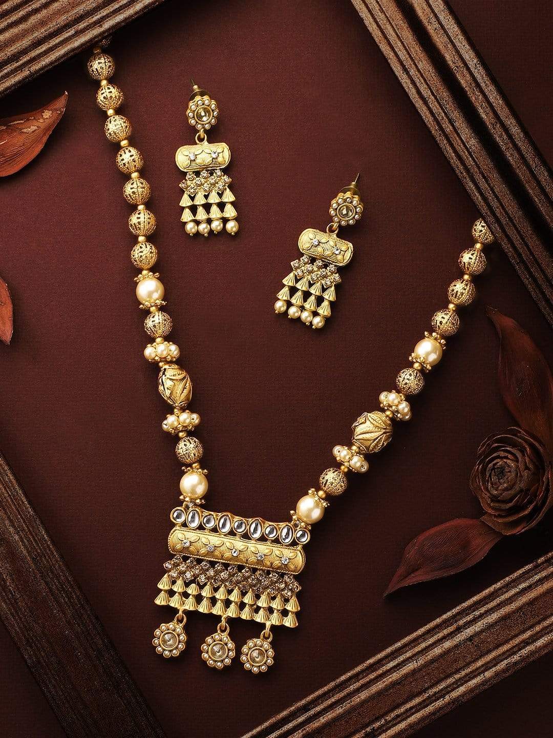 Gold Plated Handcrafted Kundan Stone & Filigree Necklace Set