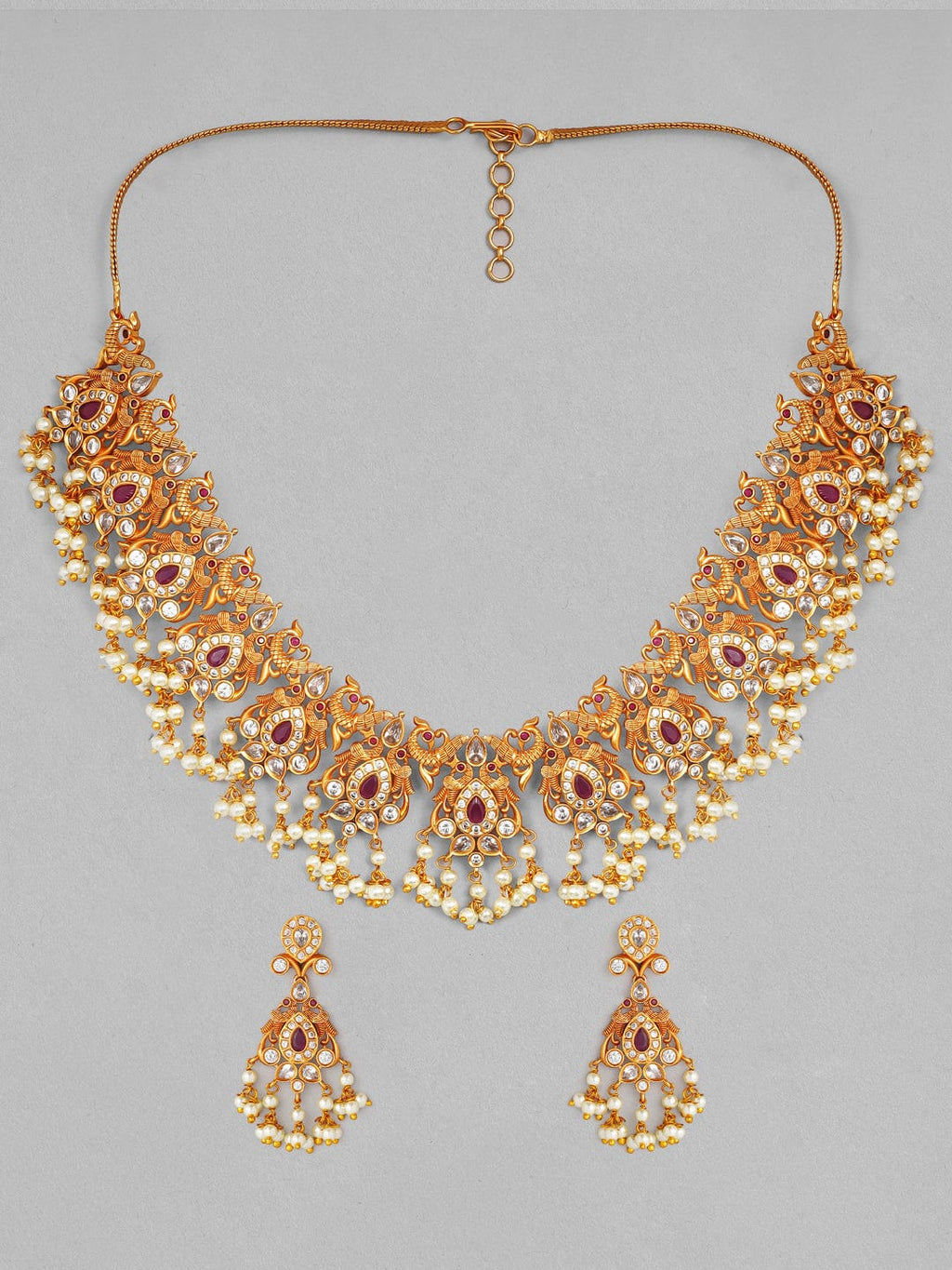 Gold Plated Handcrafted Ruby Stone with Pearls Traditional Necklace Set
