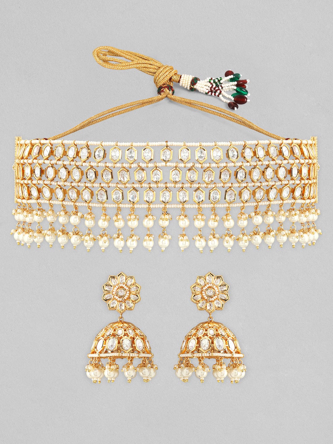 Gold Plated kundan Necklace Set With Pearls