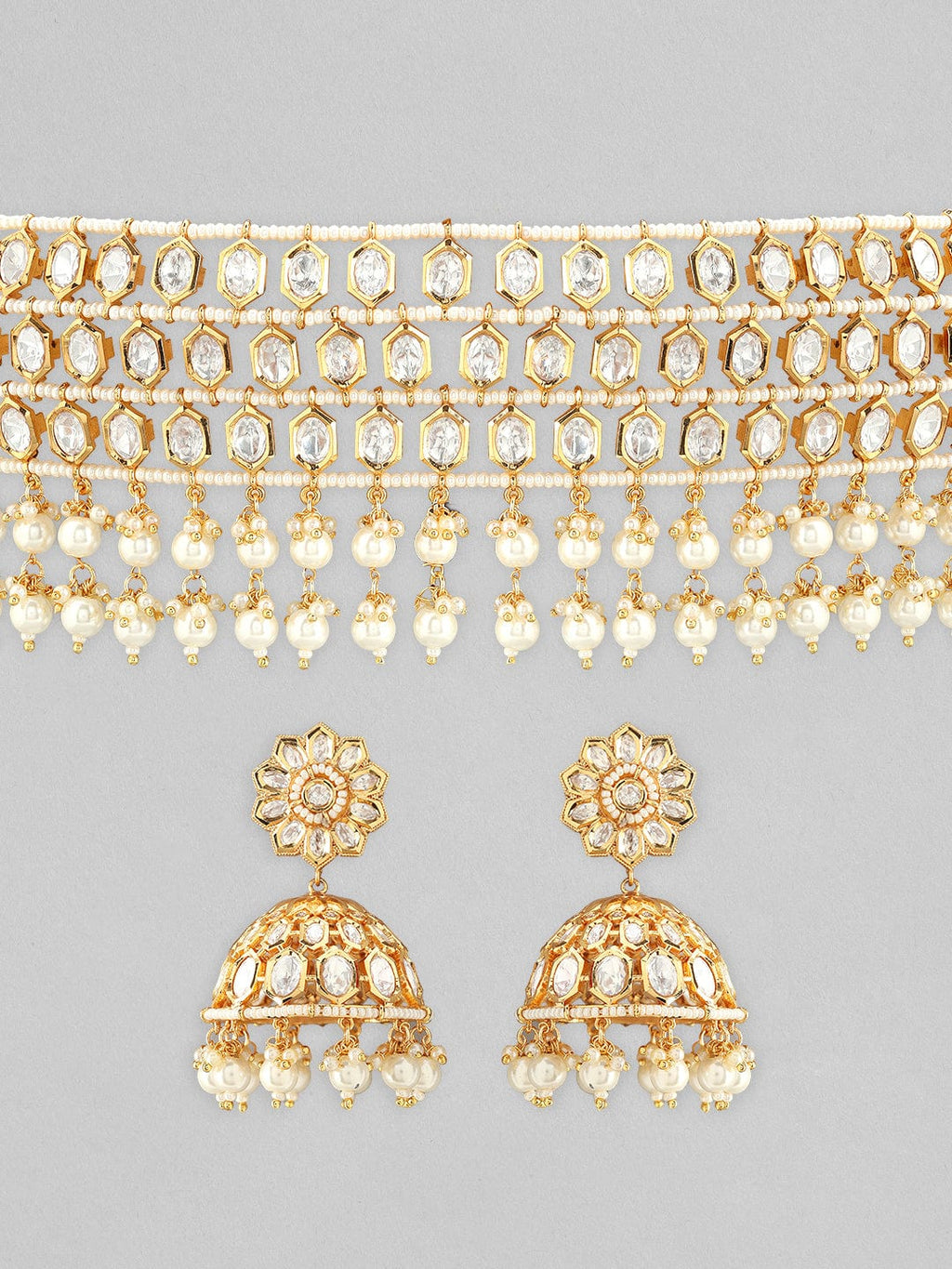 Gold Plated kundan Necklace Set With Pearls