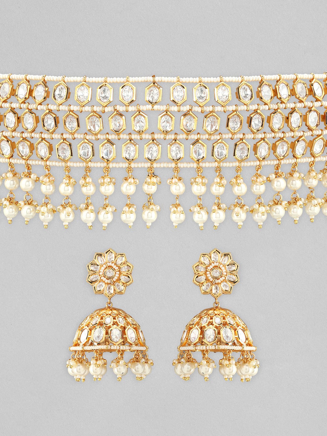 Gold Plated kundan Necklace Set With Pearls