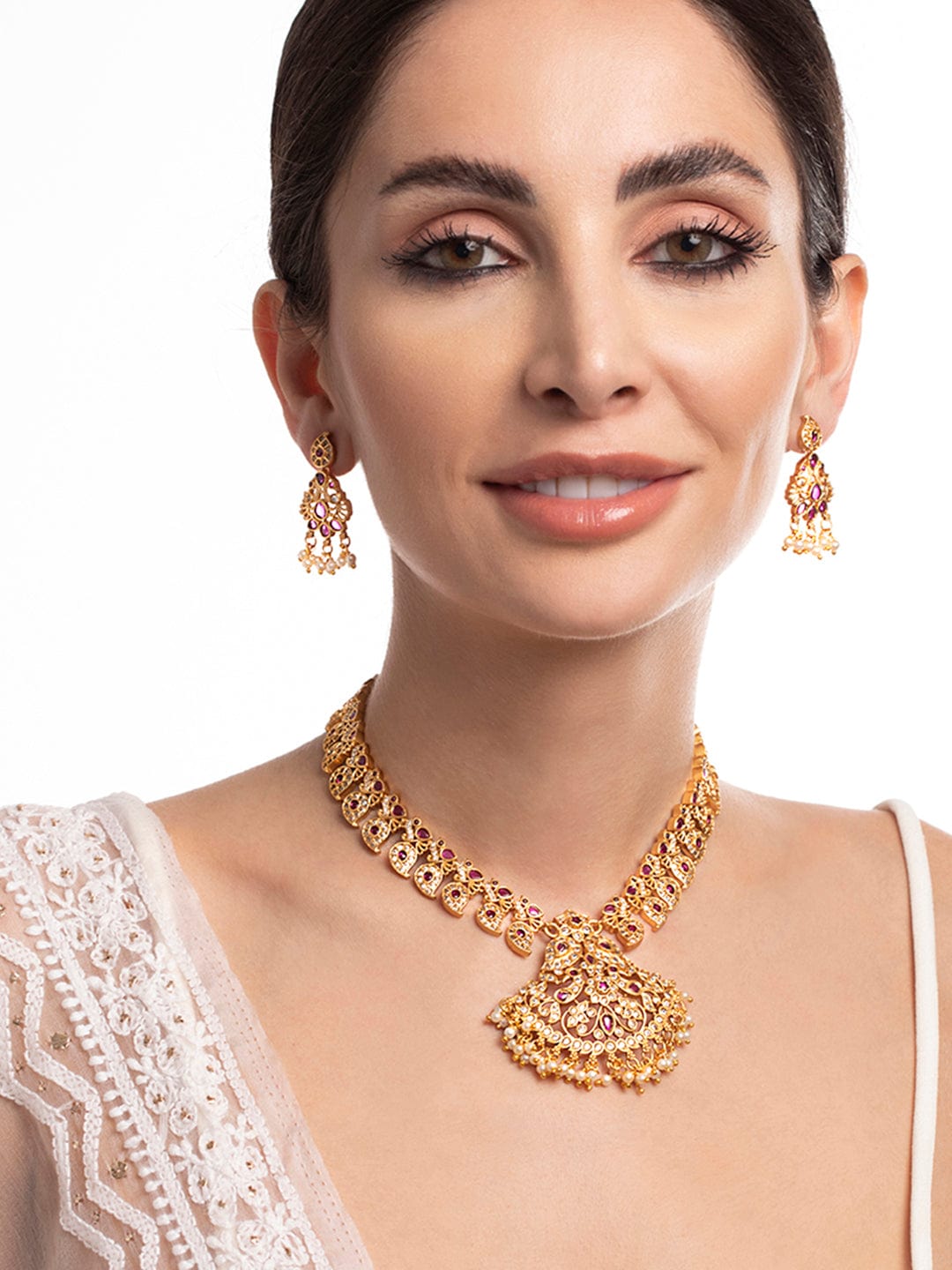 Rubans Gold Plated Kundan Necklace Set With Studded Pink Stones