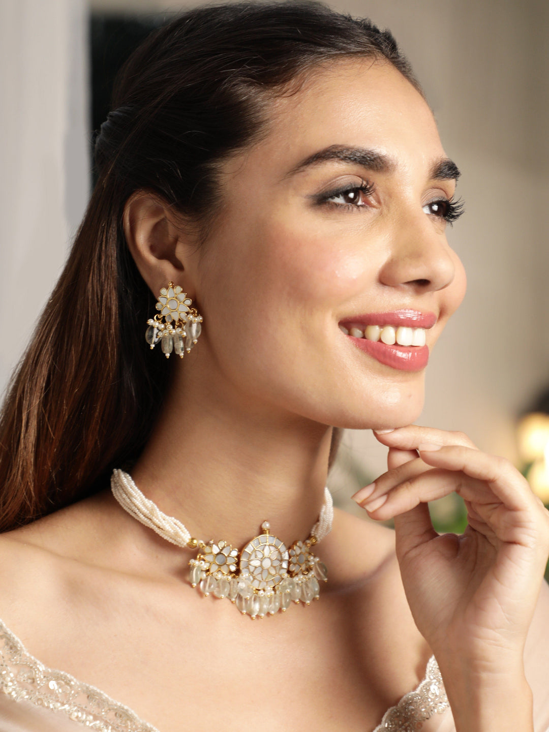 Gold-Plated Kundan-Studded Mother of Pearl Jewellery Set