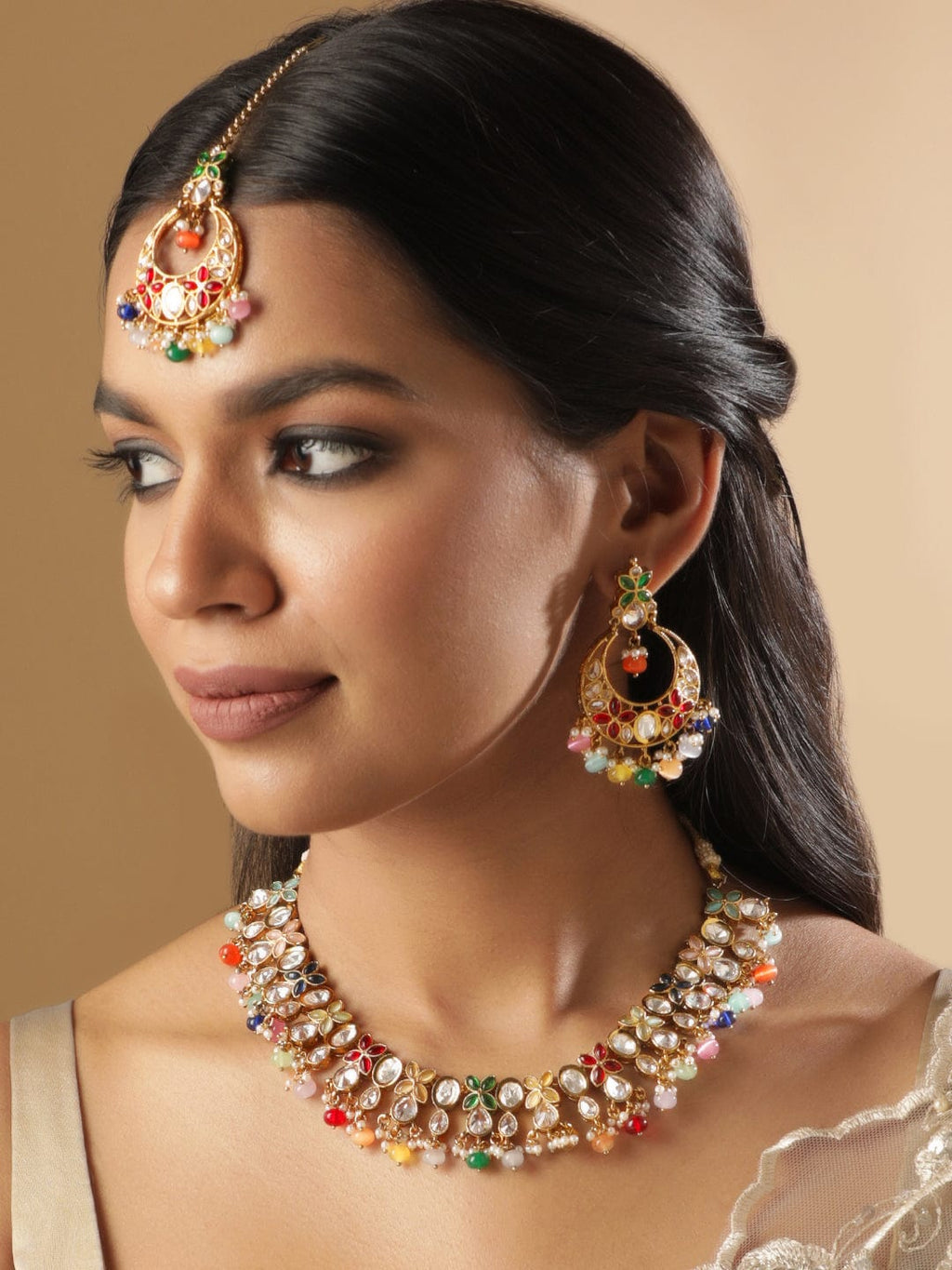 Gold plated Multicolour beaded Polki studded  necklace set