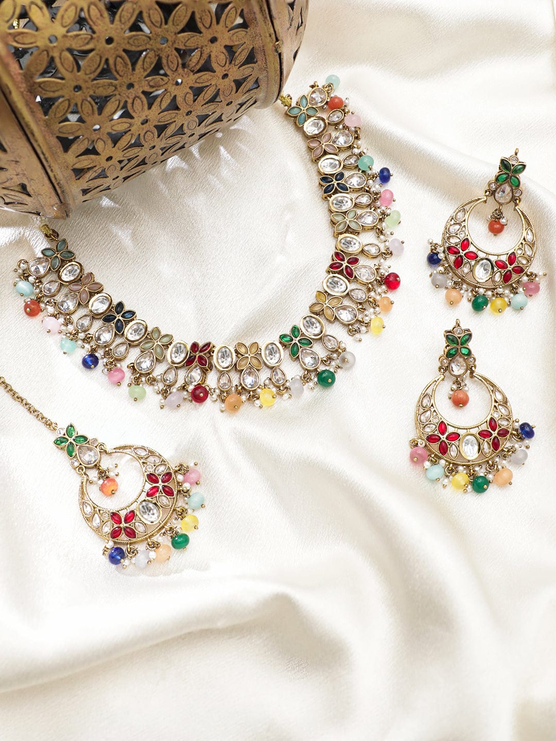 Gold plated Multicolour beaded Polki studded  necklace set