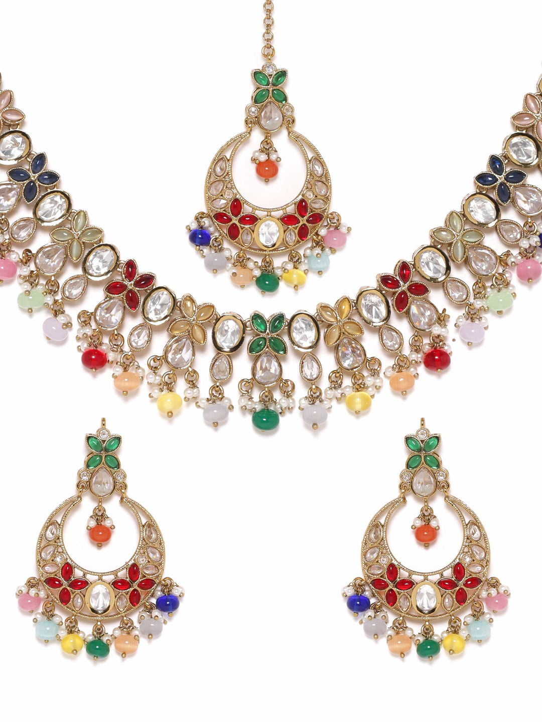 Gold plated Multicolour beaded Polki studded  necklace set