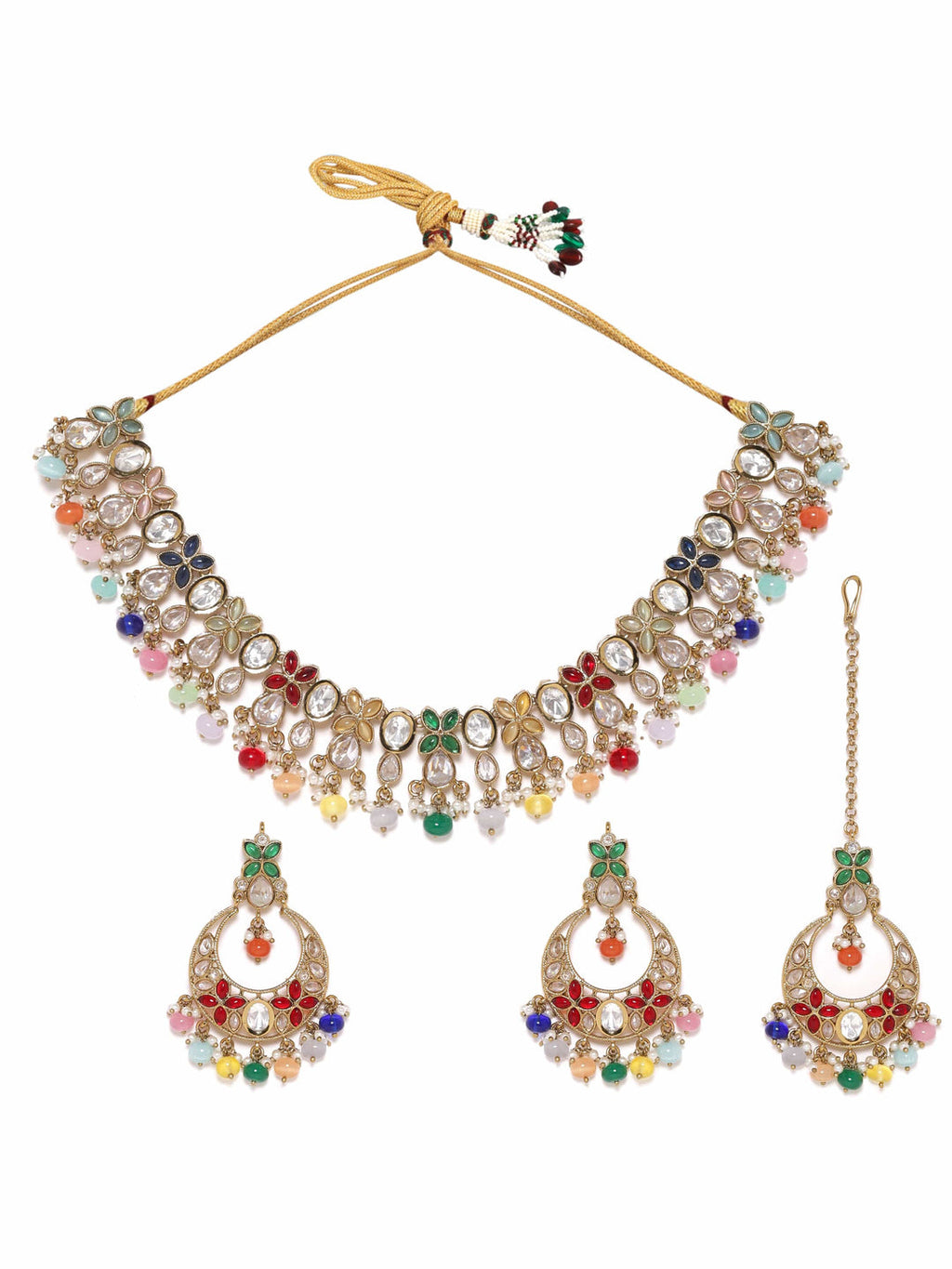 Gold plated Multicolour beaded Polki studded  necklace set