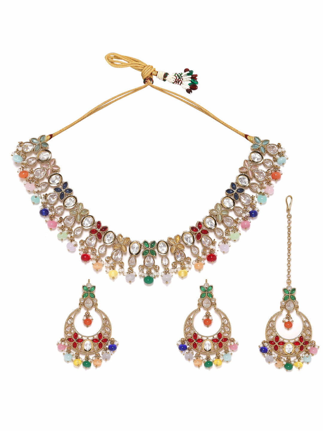 Gold plated Multicolour beaded Polki studded  necklace set