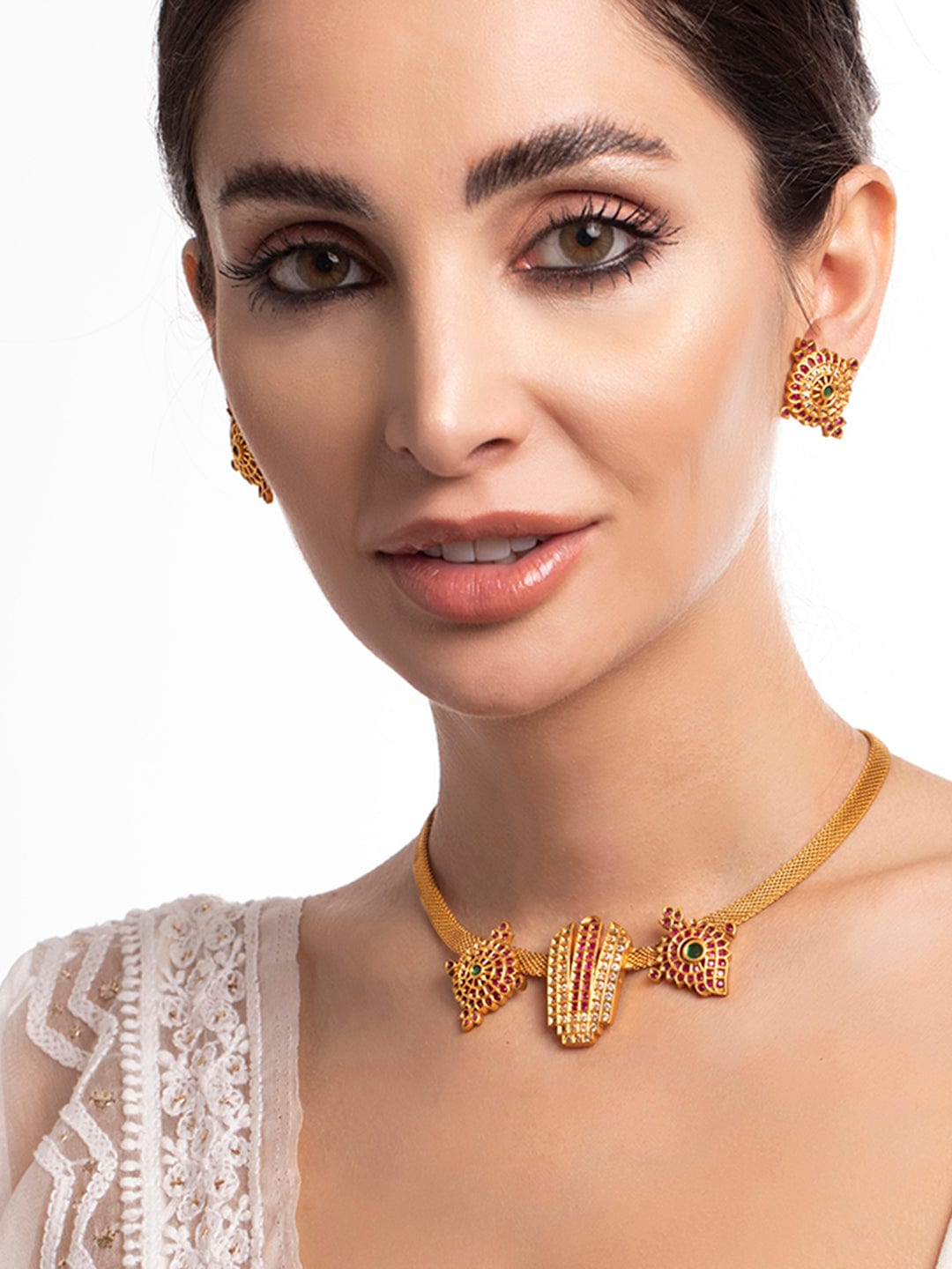 Gold Plated Necklace Set With Studded AD Design