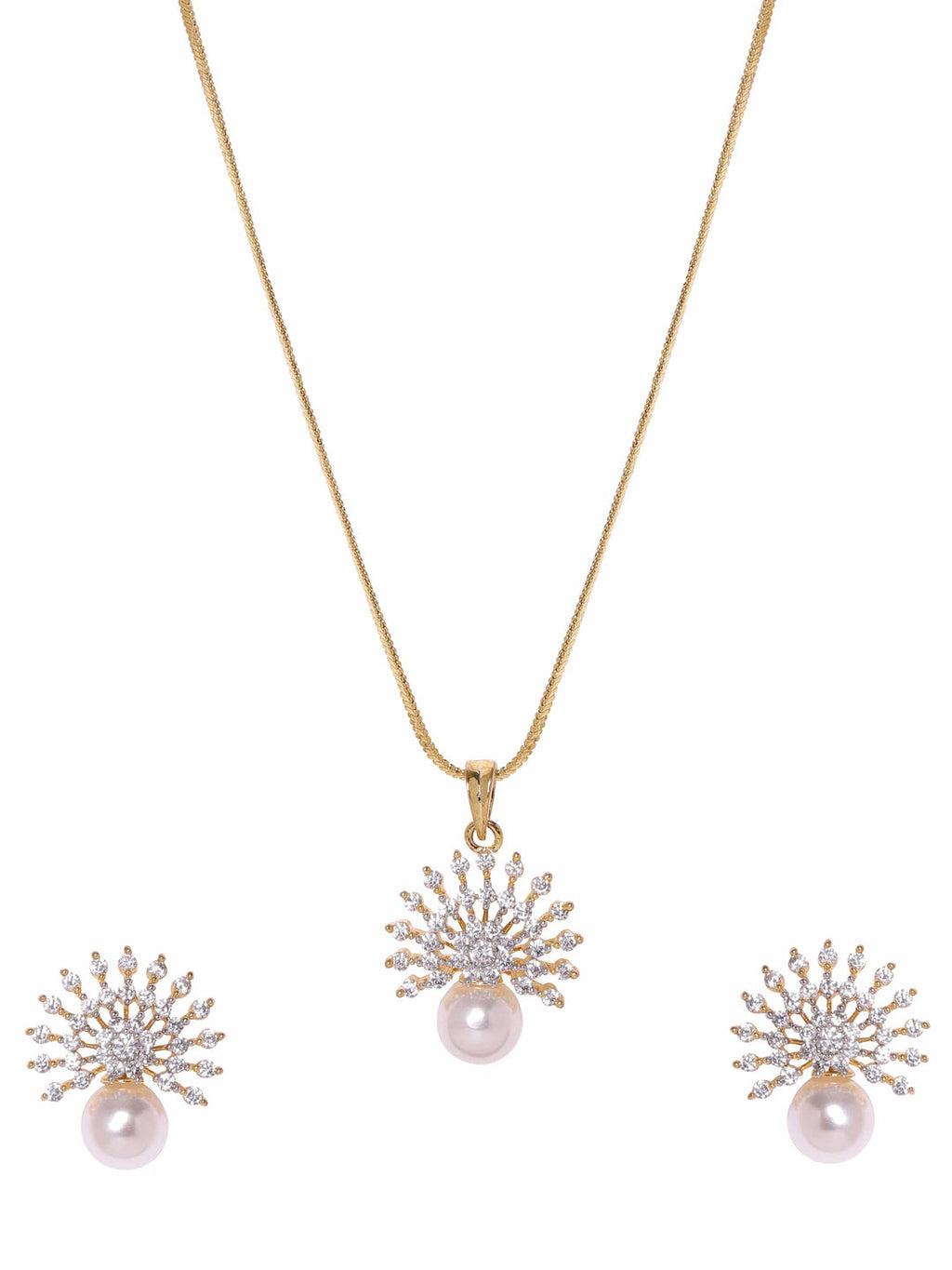 Gold Plated Pave Zirconia & Pearl Studded Radiant Pendant Set