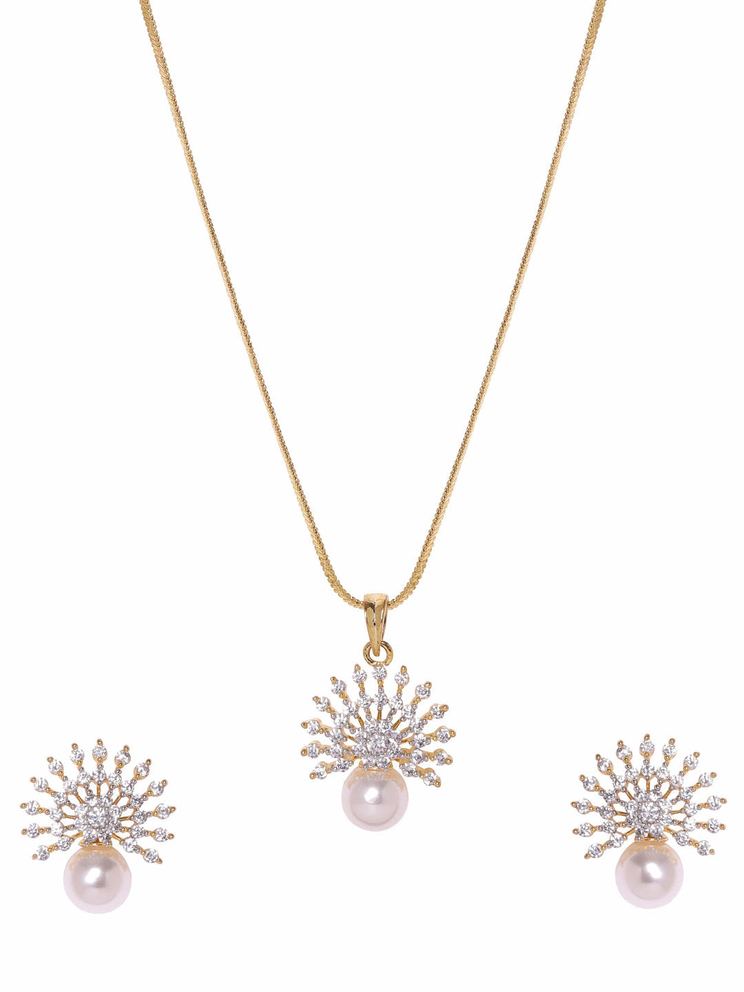 Gold Plated Pave Zirconia & Pearl Studded Radiant Pendant Set