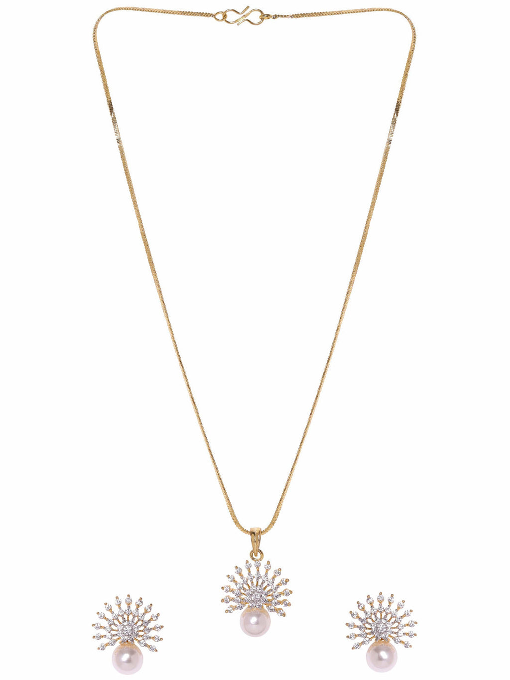 Gold Plated Pave Zirconia & Pearl Studded Radiant Pendant Set