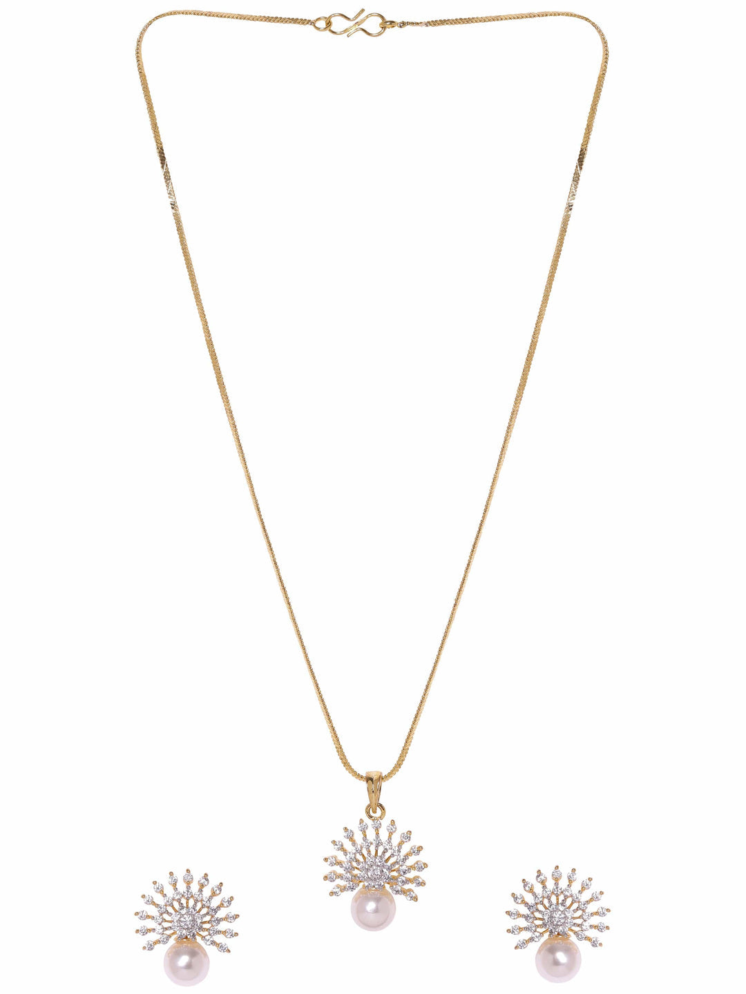Gold Plated Pave Zirconia & Pearl Studded Radiant Pendant Set