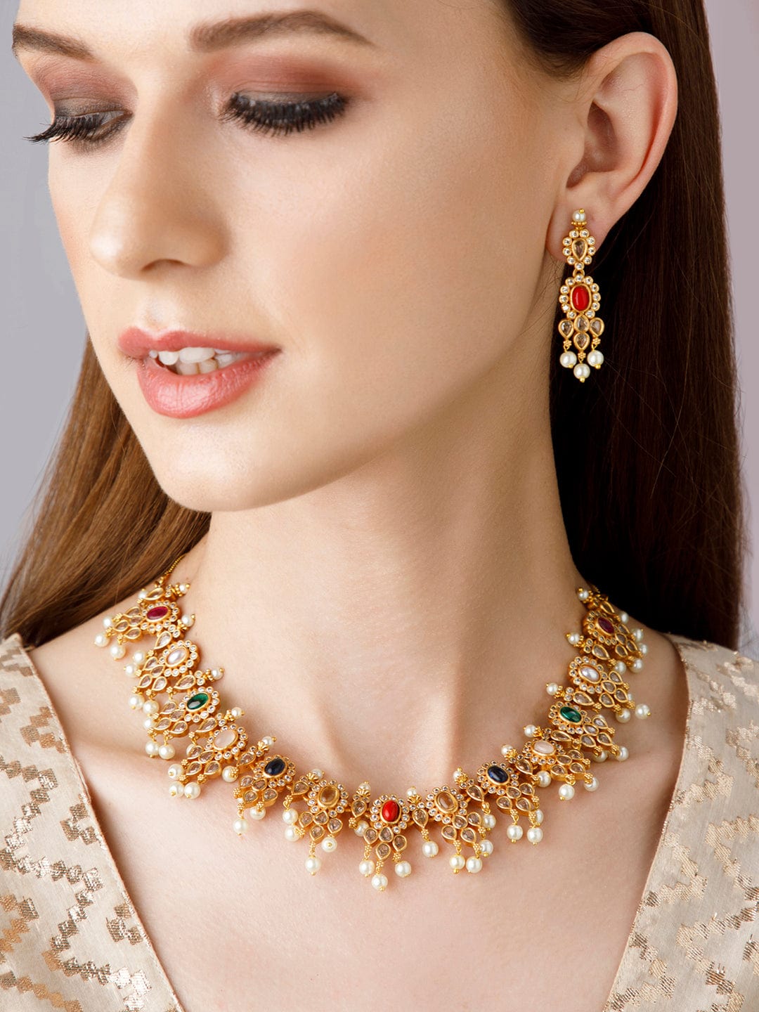 Gold Plated Temple Necklace Set With Multicolour Stones And Pearls