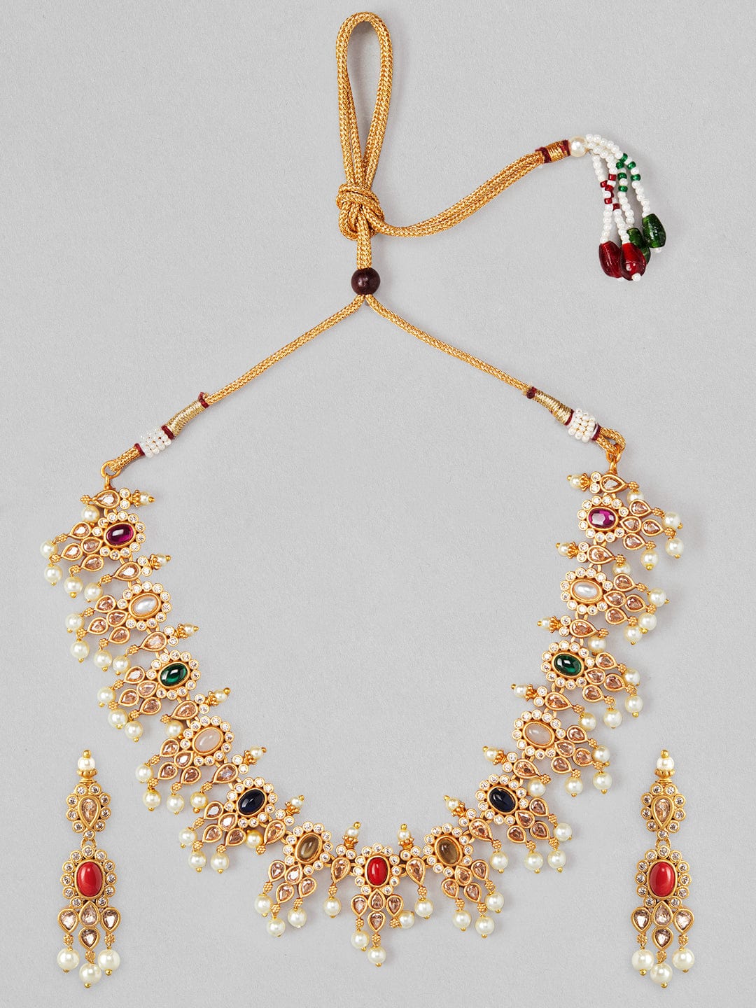 Gold Plated Temple Necklace Set With Multicolour Stones And Pearls