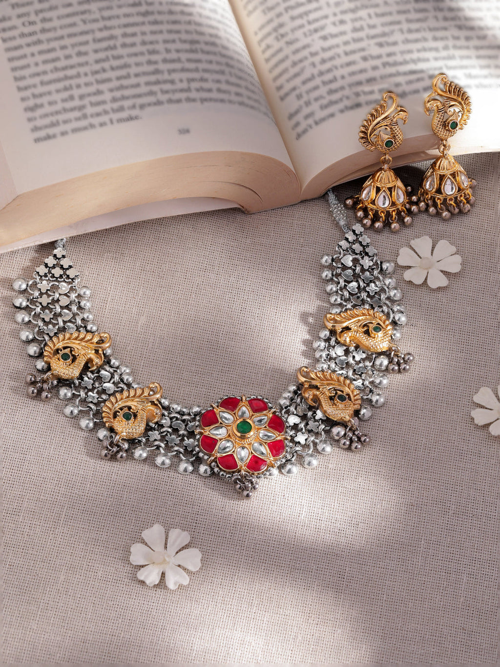 Gold plated with Oxidized Silver plated Link chain detail necklace set