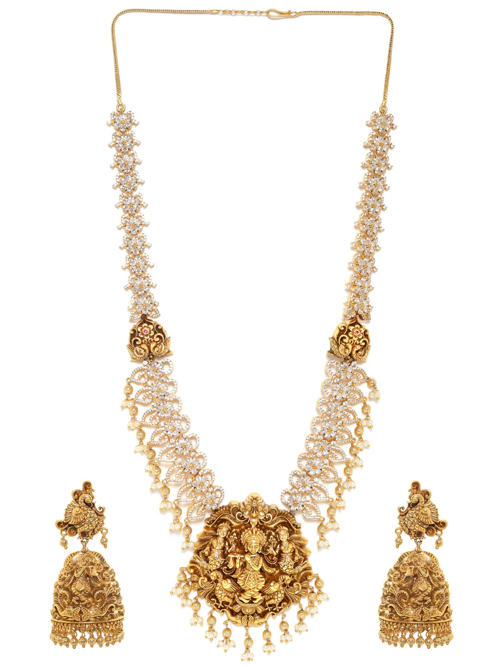 Gold plated Zirconia studded pearl beaded Luxury Handcrafted Necklace Set