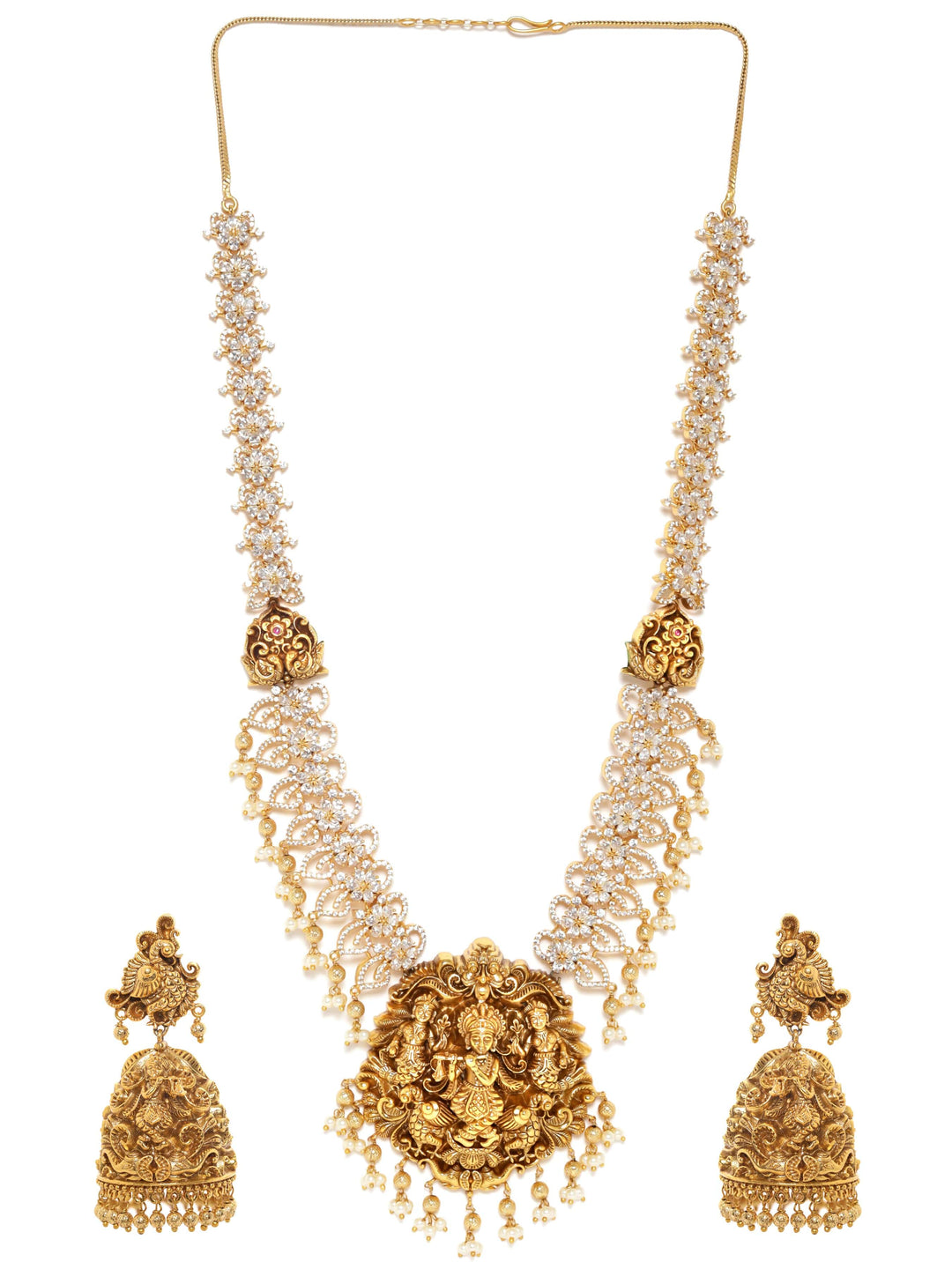 Gold plated Zirconia studded pearl beaded Luxury Handcrafted Necklace Set