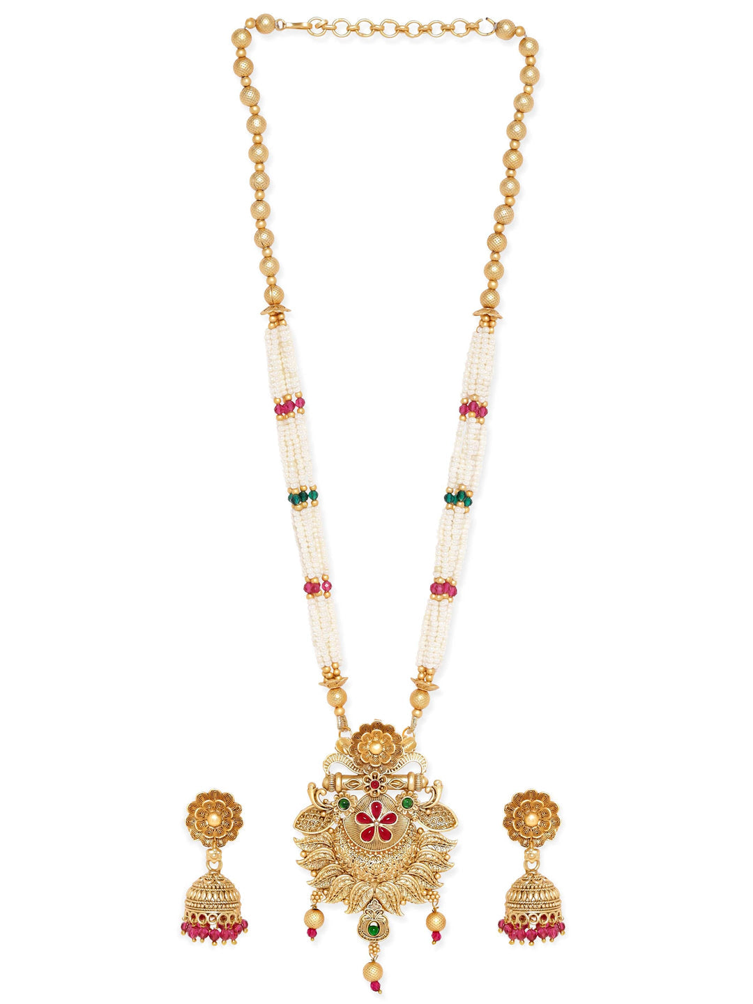 Gold toned Floral motif timeless charm pearl beaded necklace set