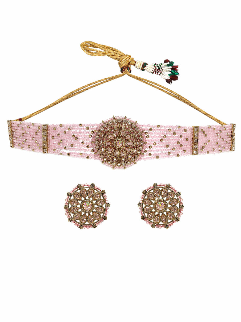 mehndi Gold plated Dazzling Reverse AD pastel pink beaded choker set