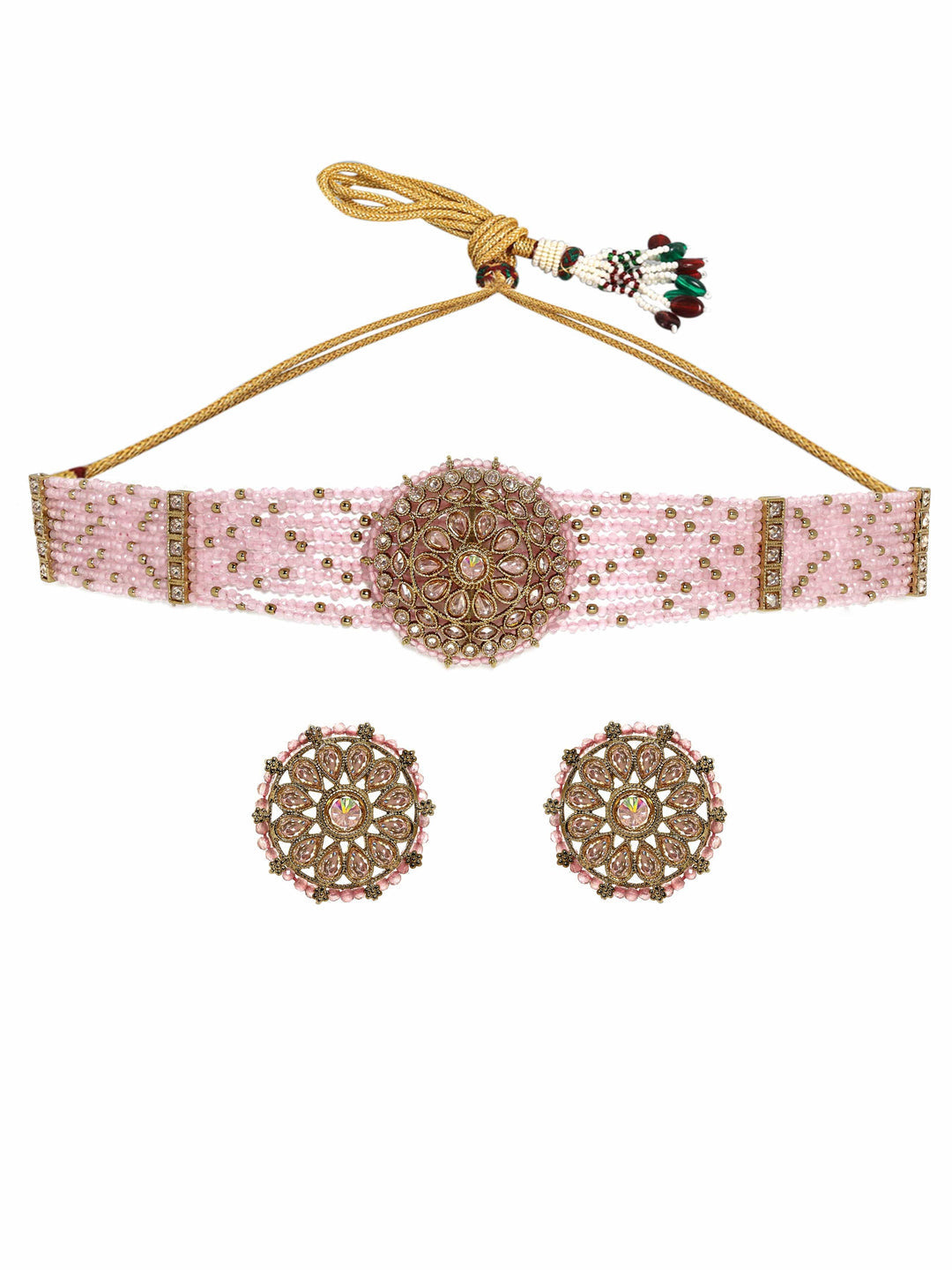 mehndi Gold plated Dazzling Reverse AD pastel pink beaded choker set