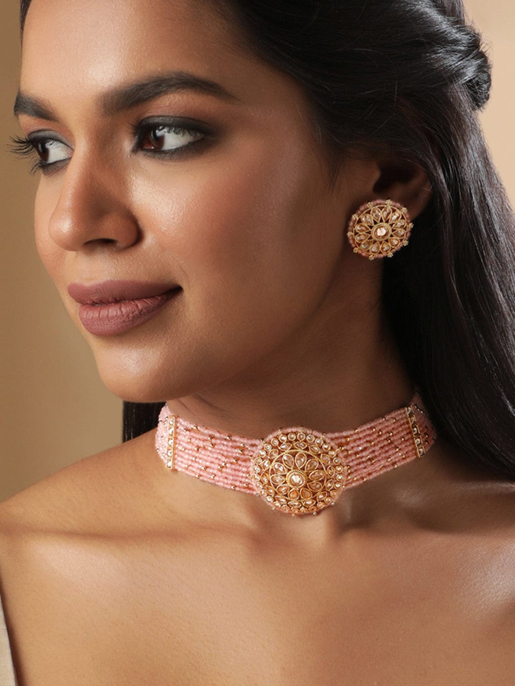 mehndi Gold plated Dazzling Reverse AD pastel pink beaded choker set