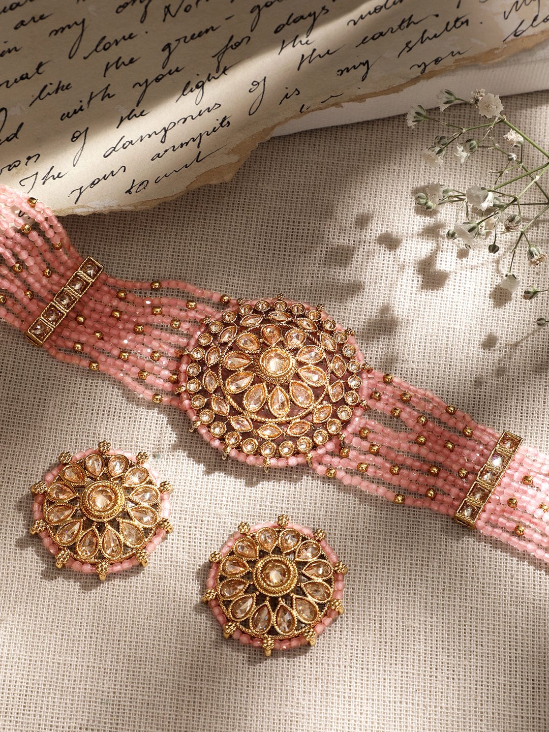 mehndi Gold plated Dazzling Reverse AD pastel pink beaded choker set