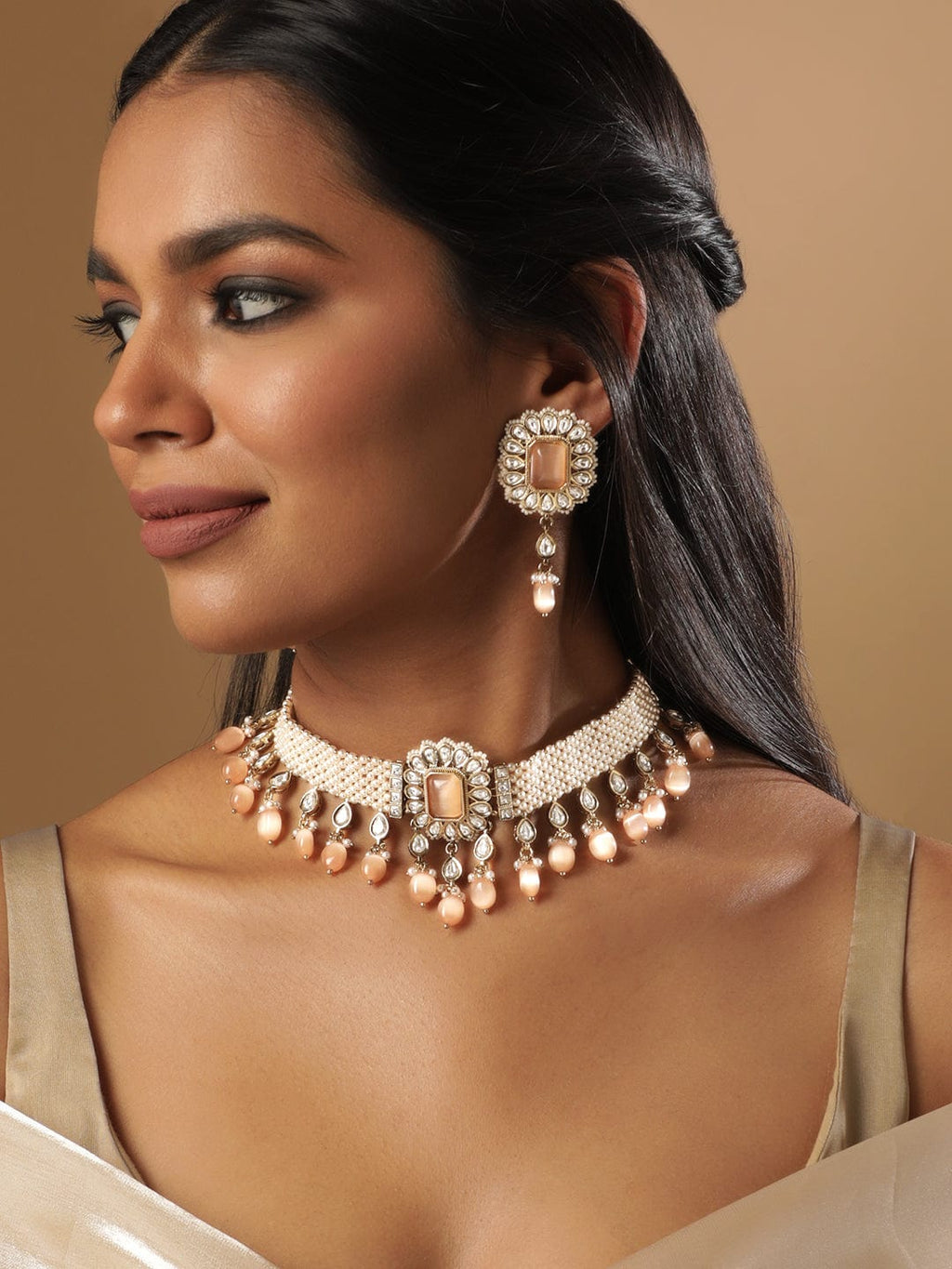 Mehndi Gold Plated kundan studded pearl woven choker Set