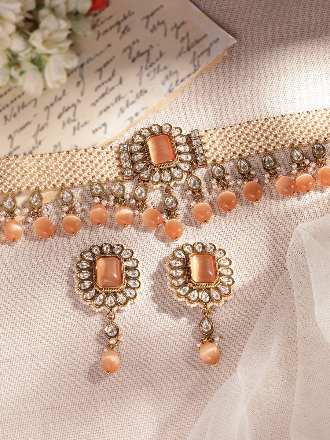 Mehndi Gold Plated kundan studded pearl woven choker Set