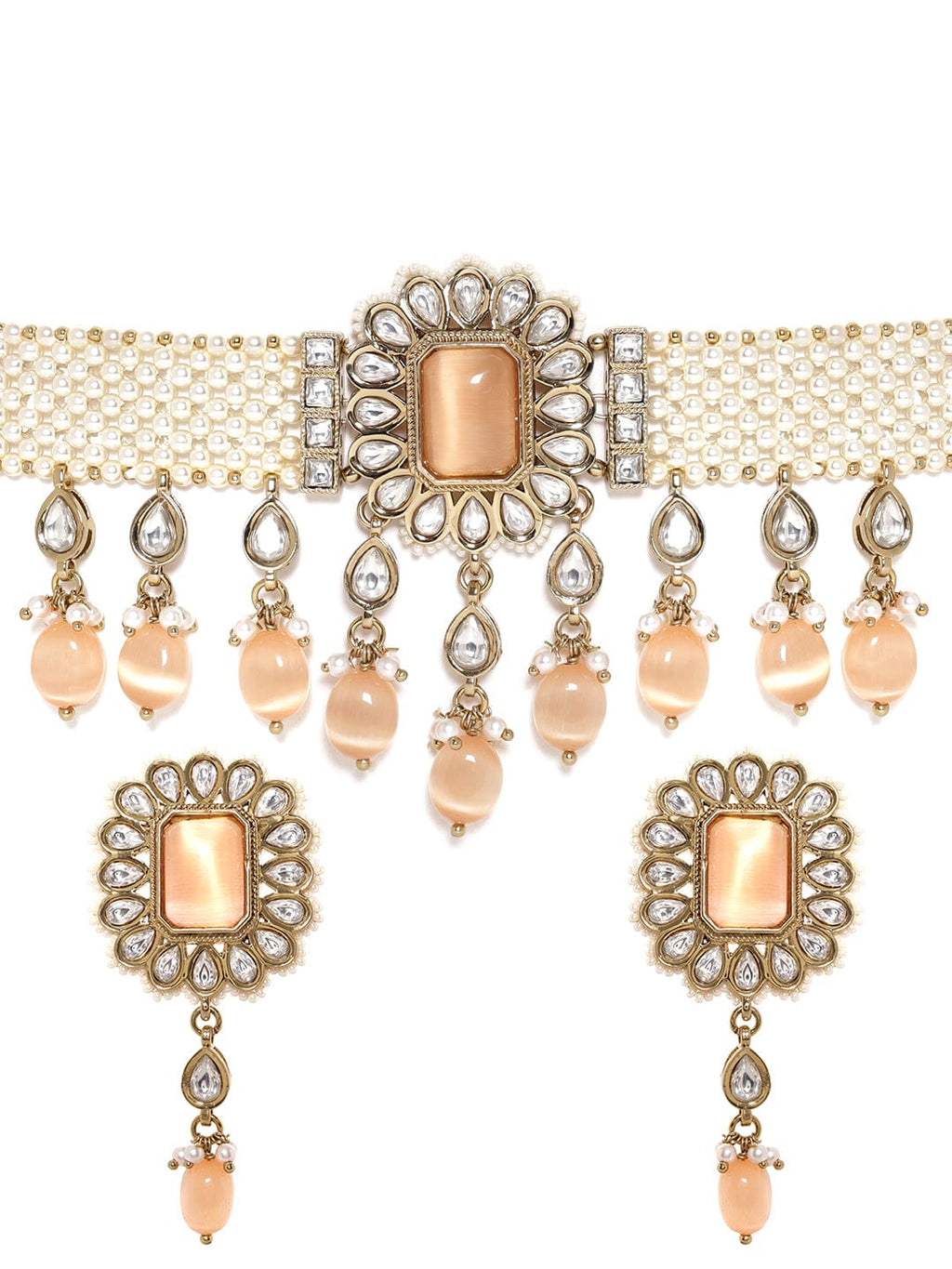Mehndi Gold Plated kundan studded pearl woven choker Set