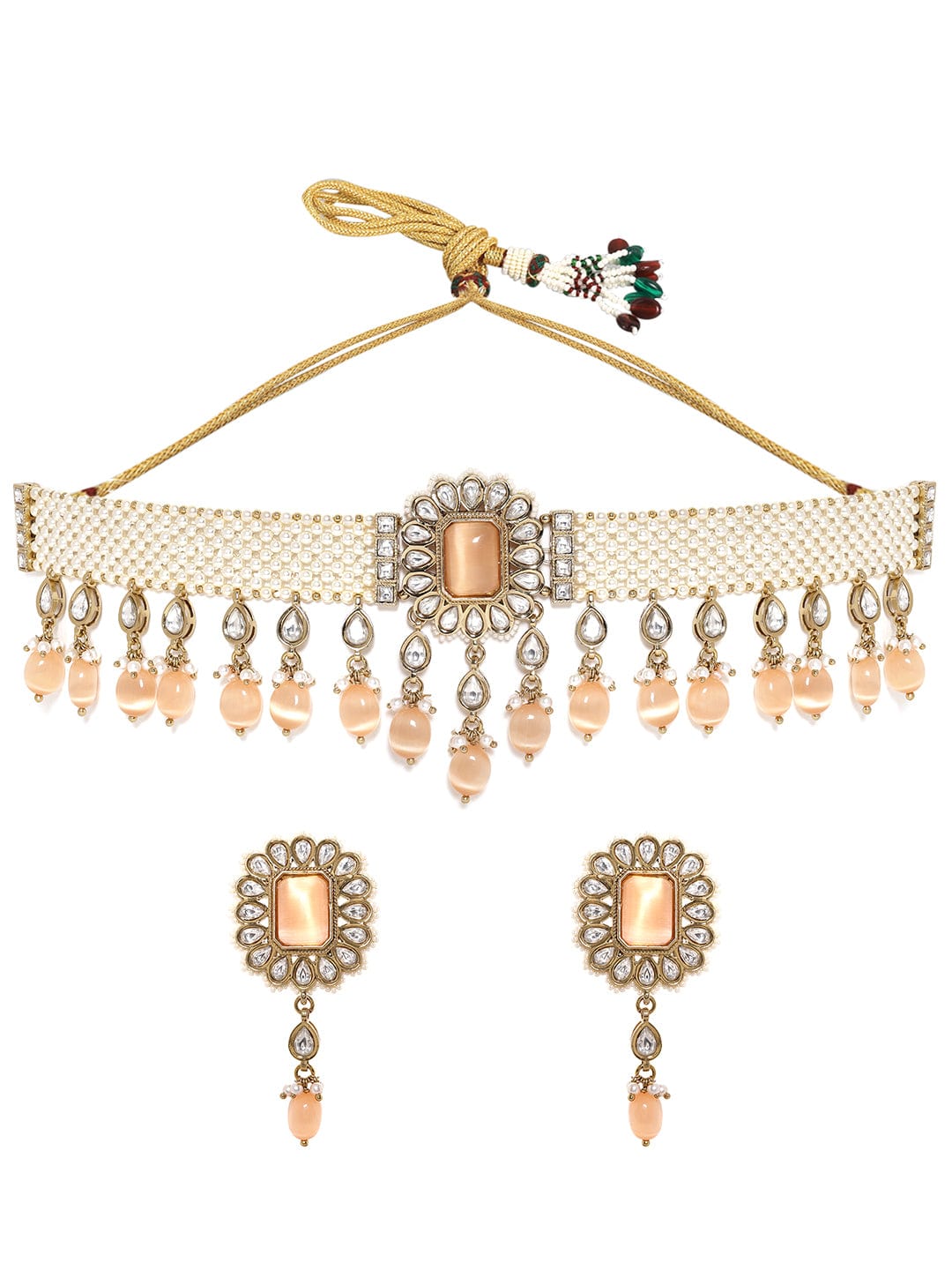 Mehndi Gold Plated kundan studded pearl woven choker Set