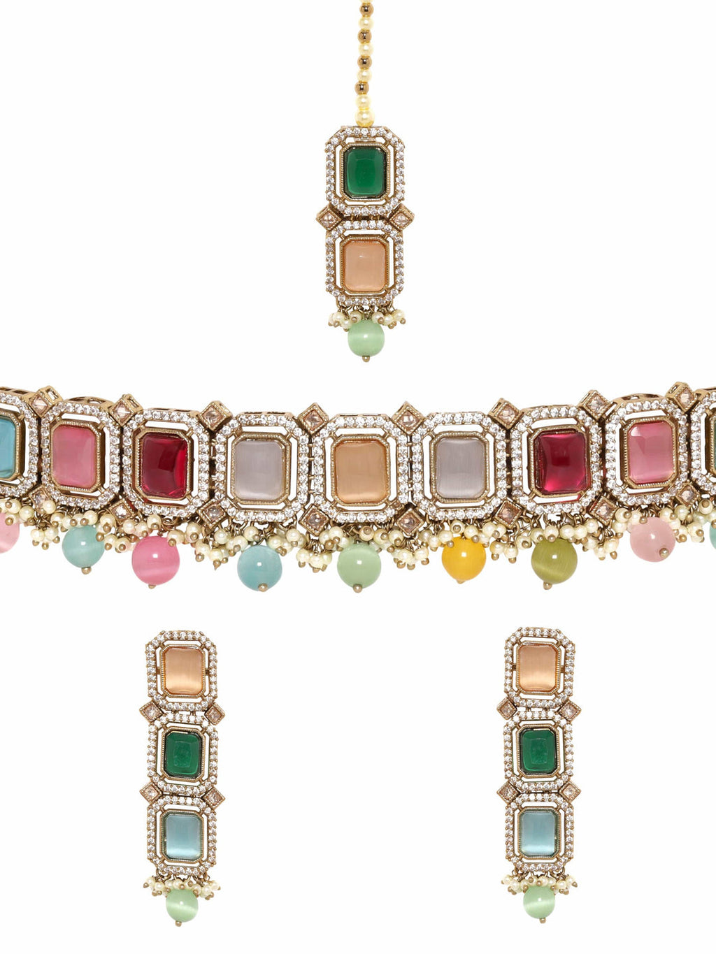 Mehndi Gold Plated Multicolor & Reverse AD Studded Choker Set