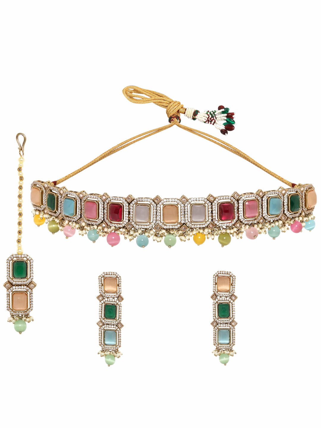 Mehndi Gold Plated Multicolor & Reverse AD Studded Choker Set