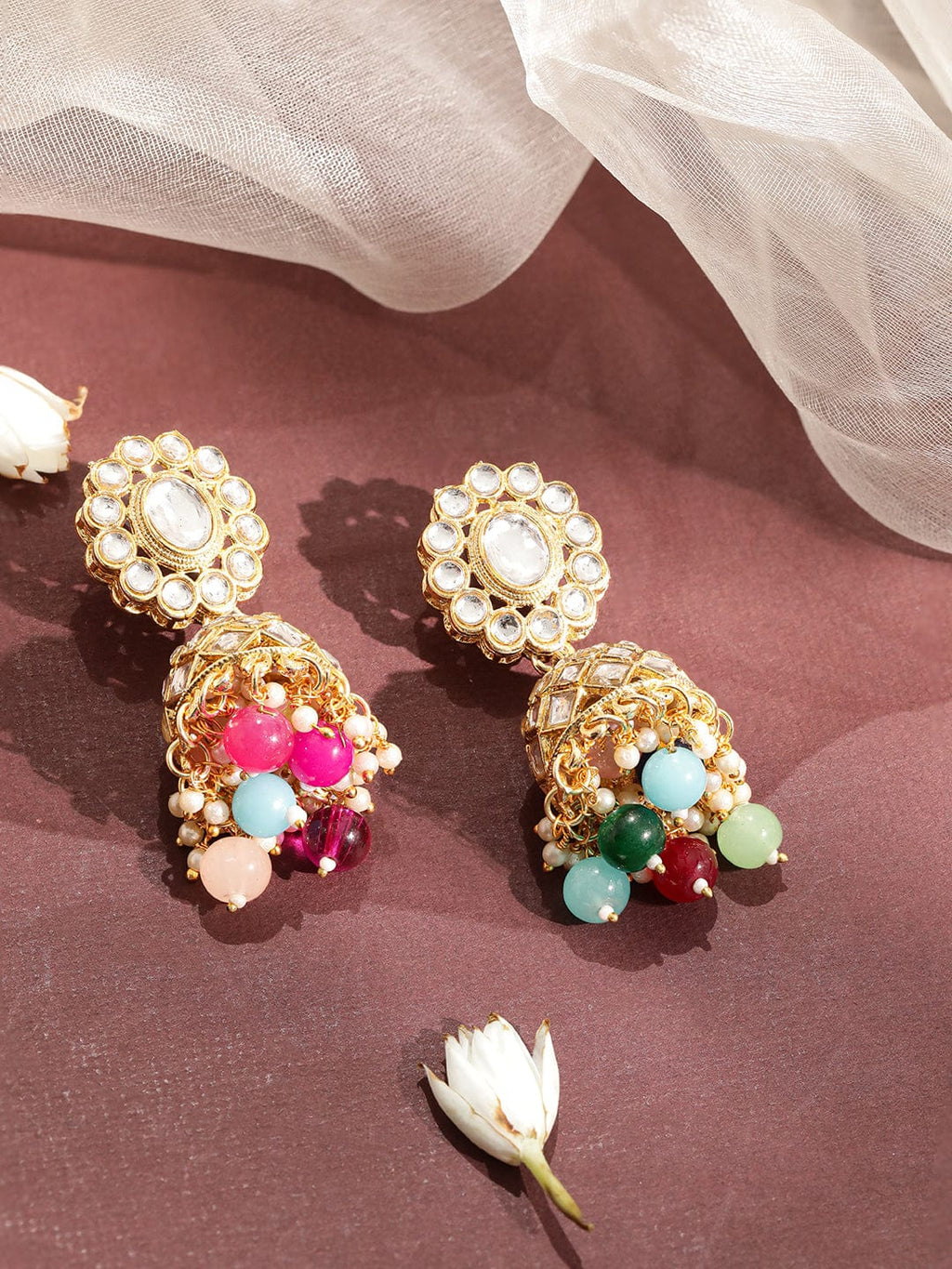 Gold Plated American Diamond Studded Multicolor Beaded Jewellery Set