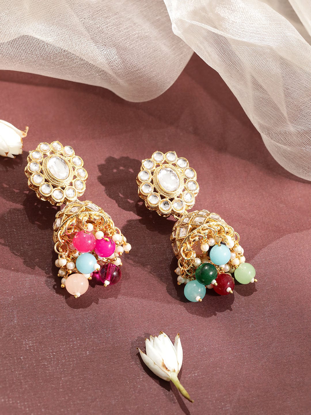 Gold Plated American Diamond Studded Multicolor Beaded Jewellery Set