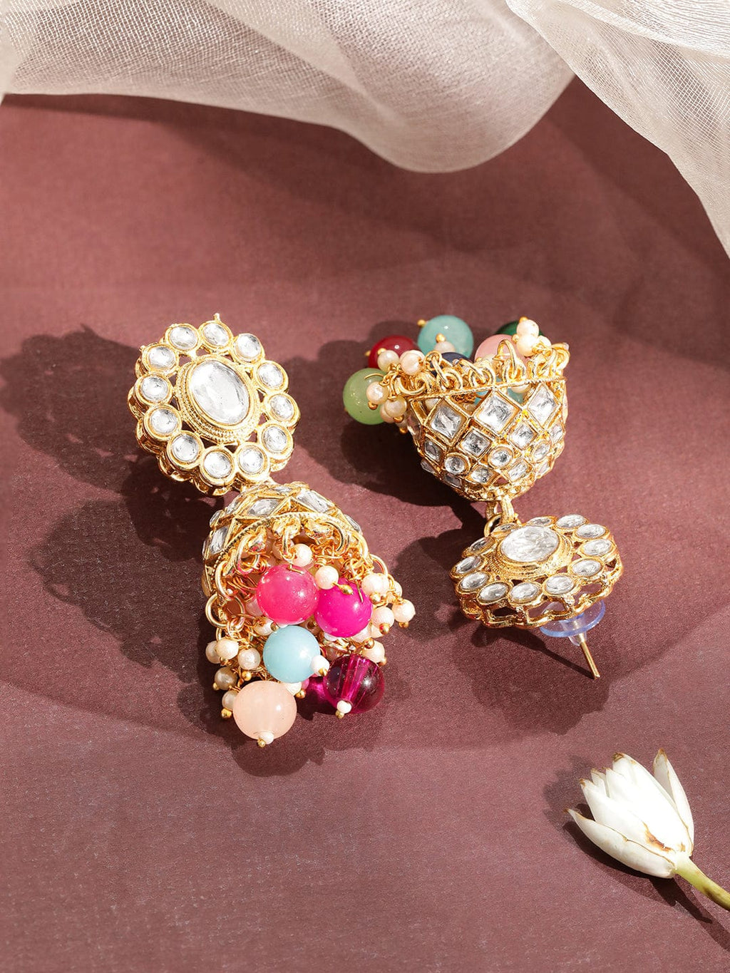 Gold Plated American Diamond Studded Multicolor Beaded Jewellery Set