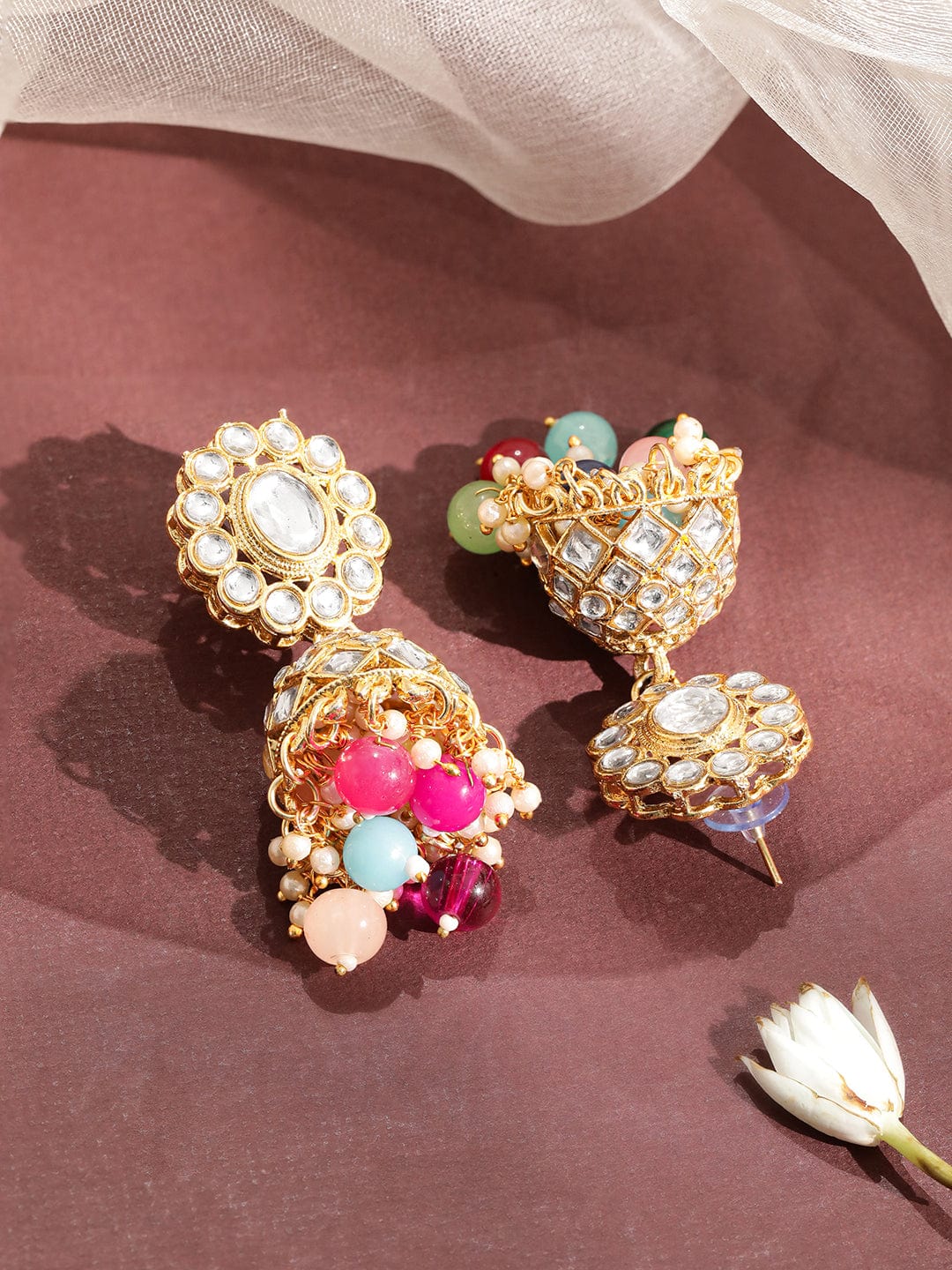 Gold Plated American Diamond Studded Multicolor Beaded Jewellery Set