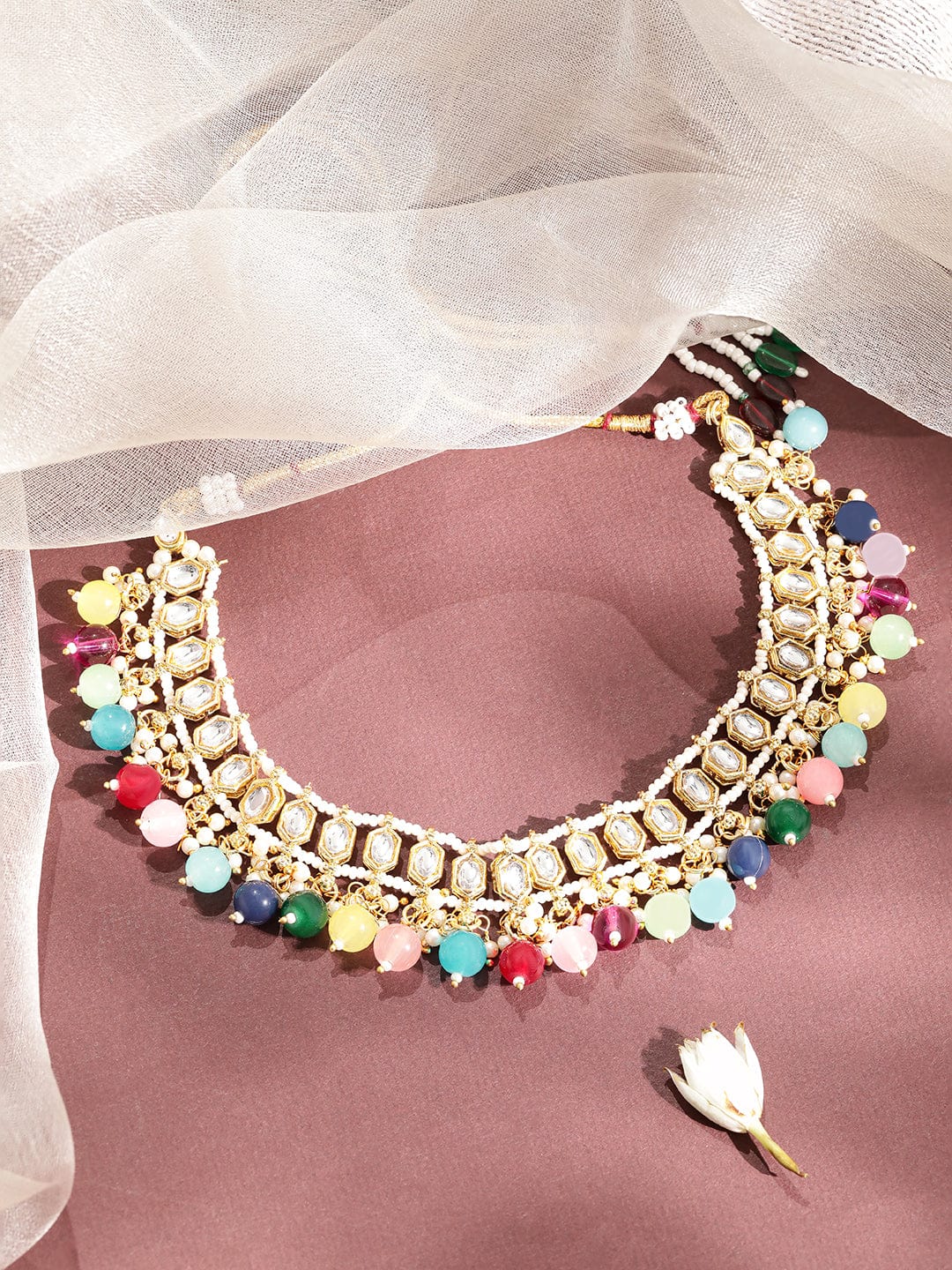 Gold Plated American Diamond Studded Multicolor Beaded Jewellery Set
