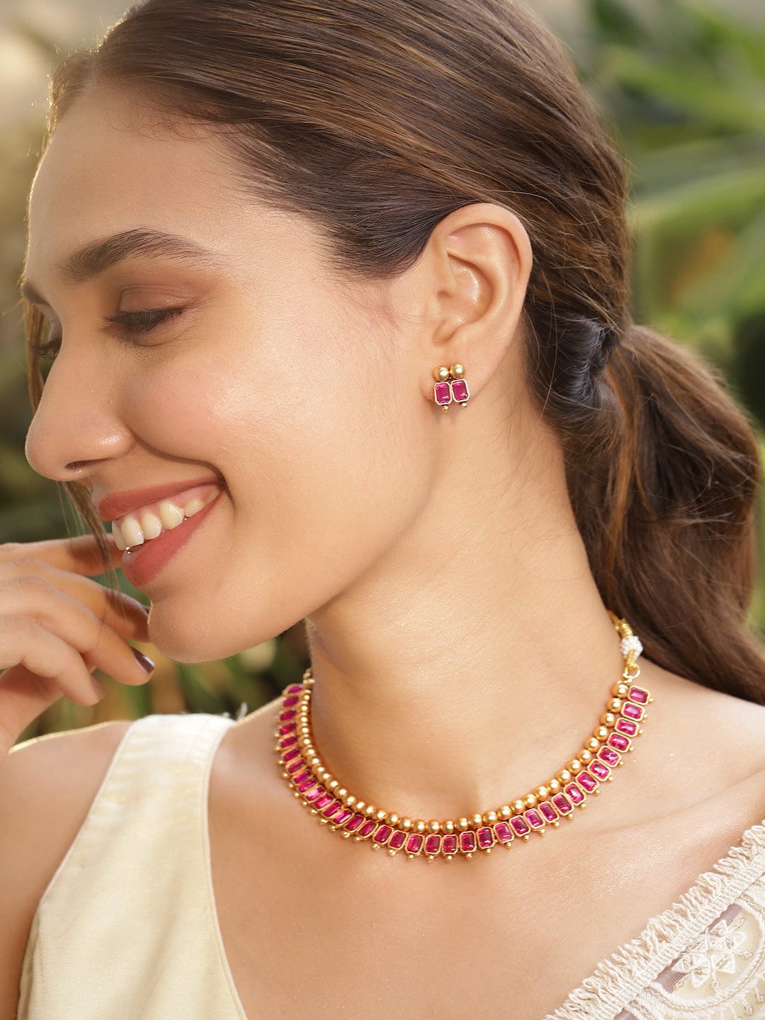 Gold-Plated Brass Red Stone Studded Necklace Set