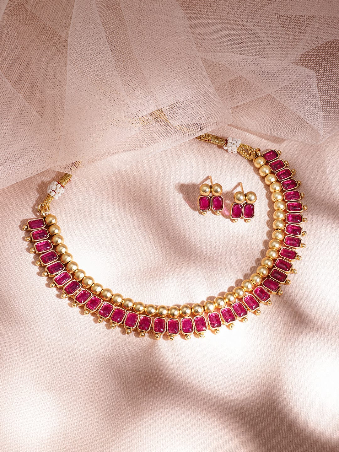 Gold-Plated Brass Red Stone Studded Necklace Set